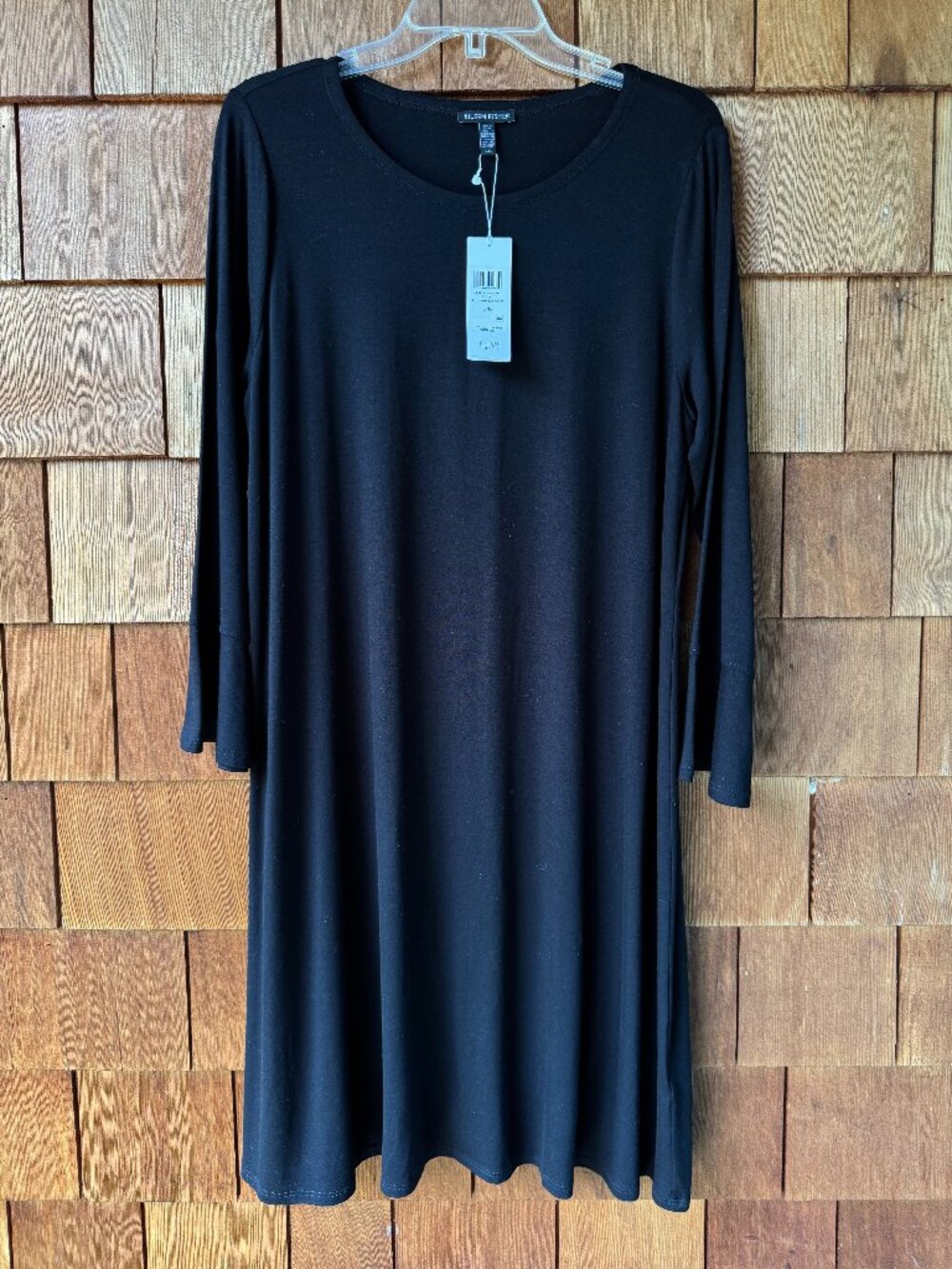 NWT Eileen Fisher Black Stretch Jersey Knit A-Line Dress in Women's Large